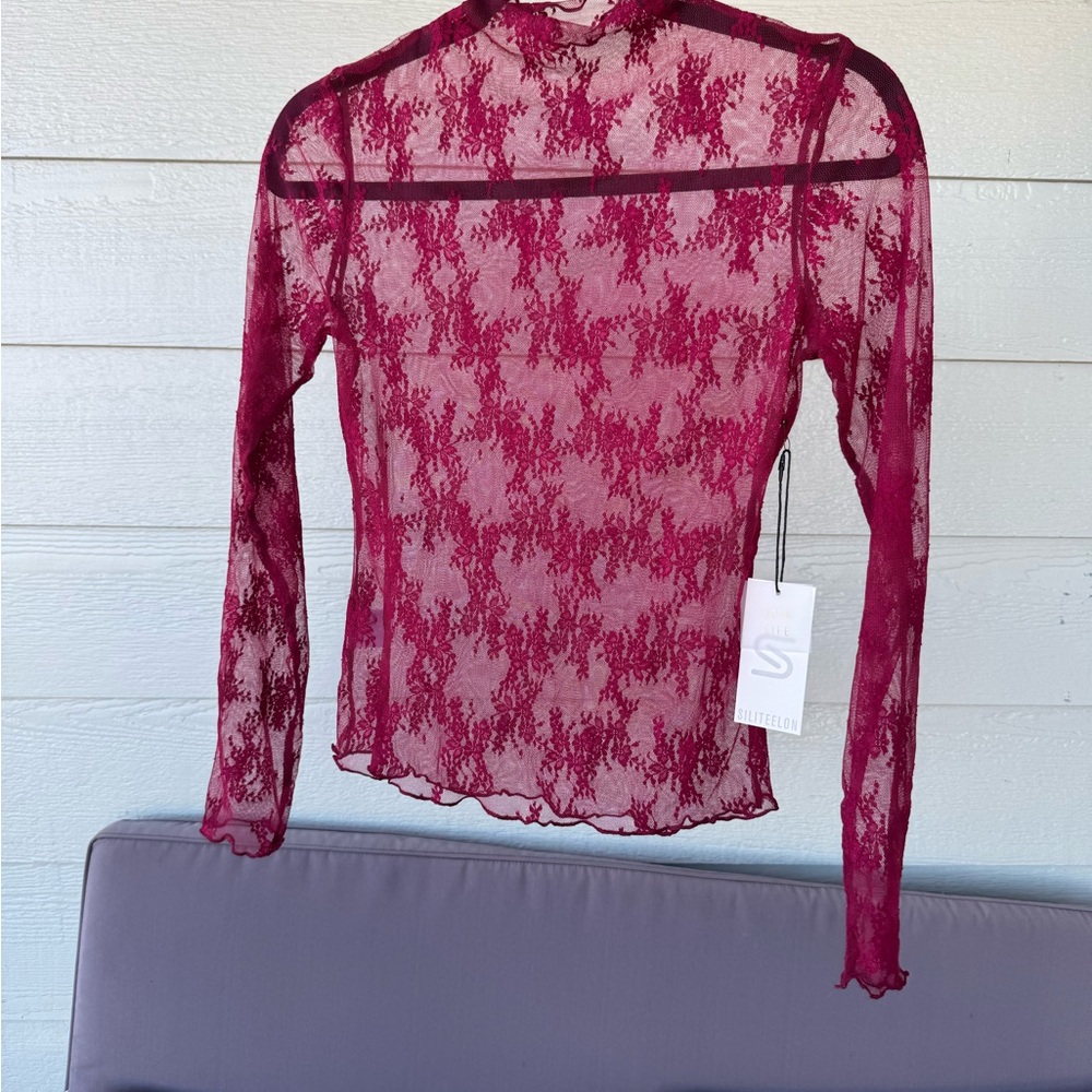 NWT Sheer Lace Long Sleeve Blouse - Burgundy
